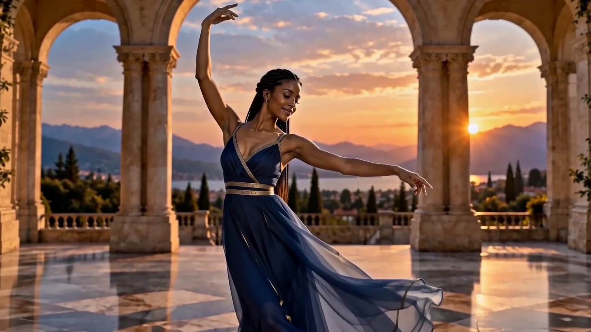MiniMax H3 Recast showcase frame of a dancer with black braids wearing a midnight-blue dress with gold trim
