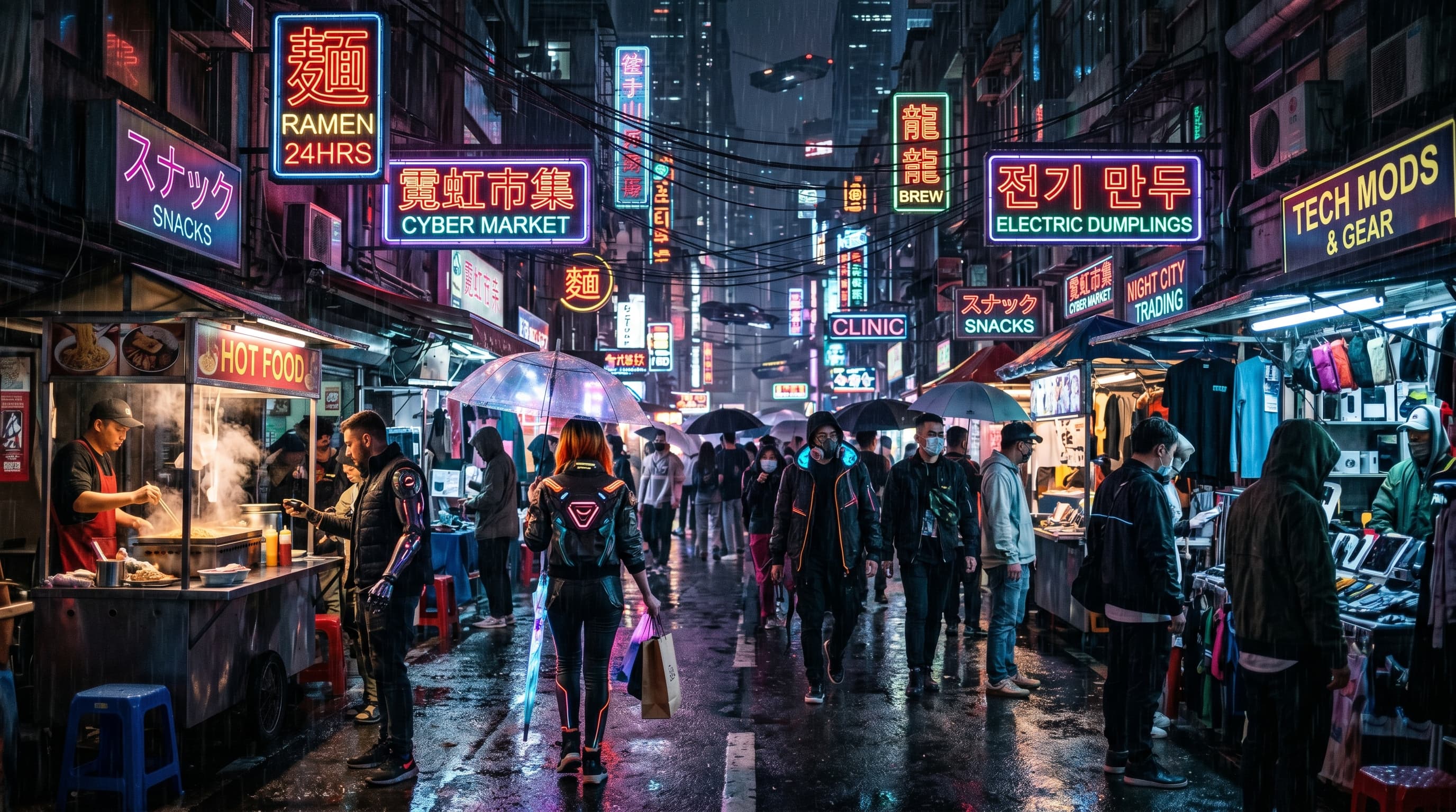 Cyberpunk street market generated with Nano Banana 2