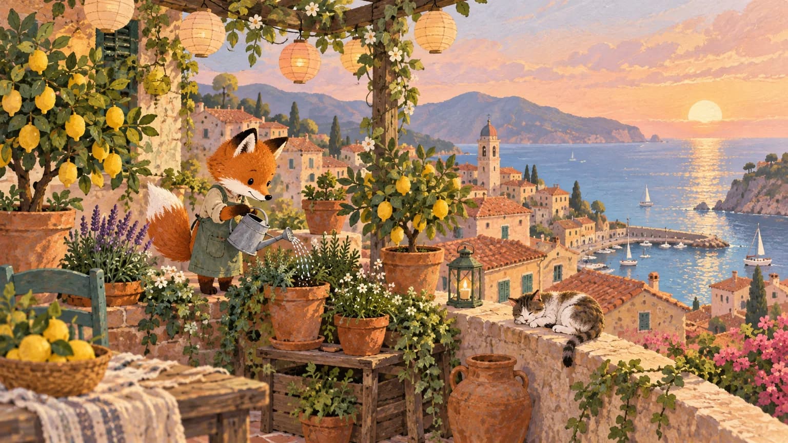 Illustrative fox rooftop garden prompt