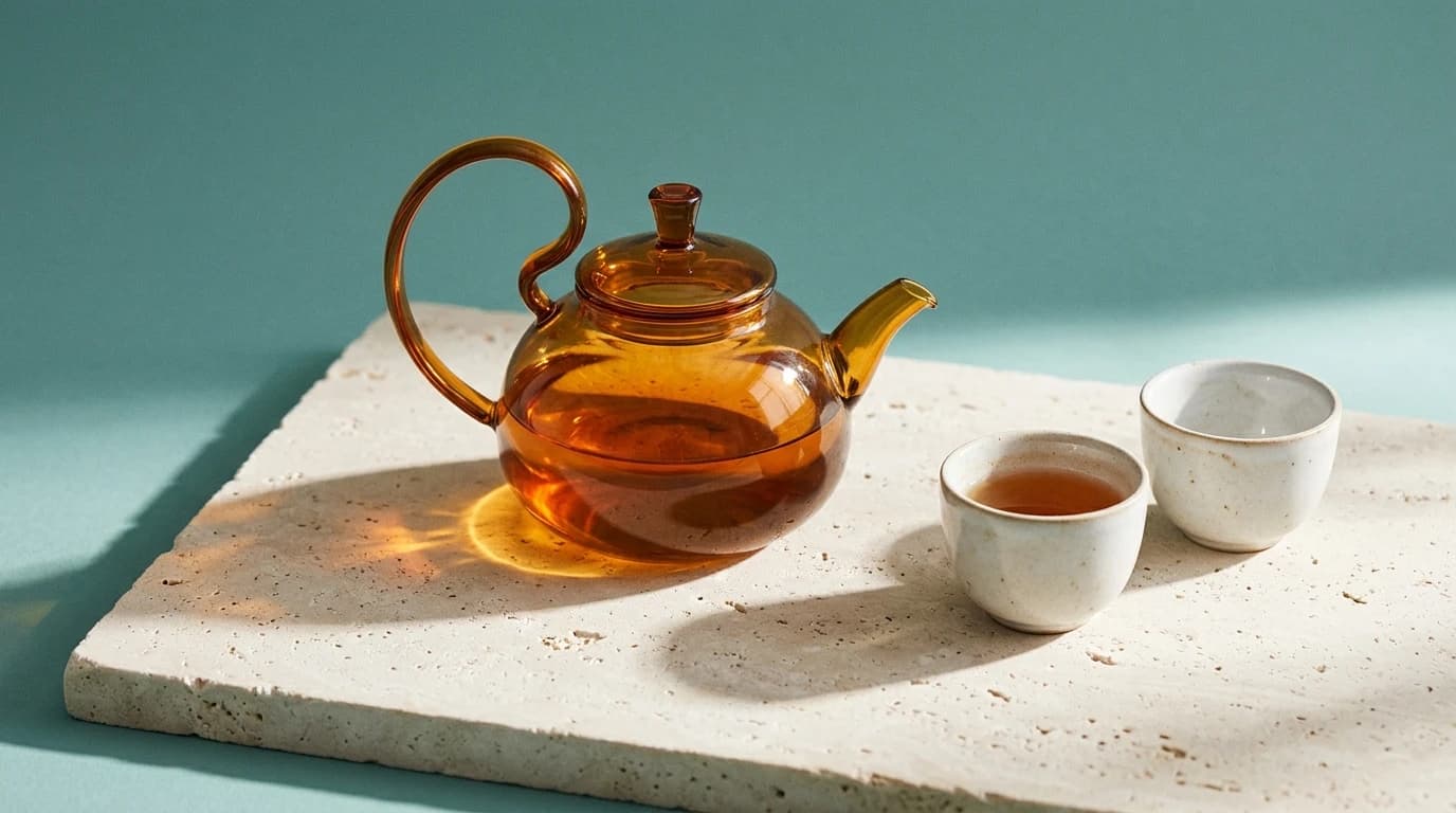 Amber glass teapot and porcelain cups on limestone in a Nano Banana 2.1 product image