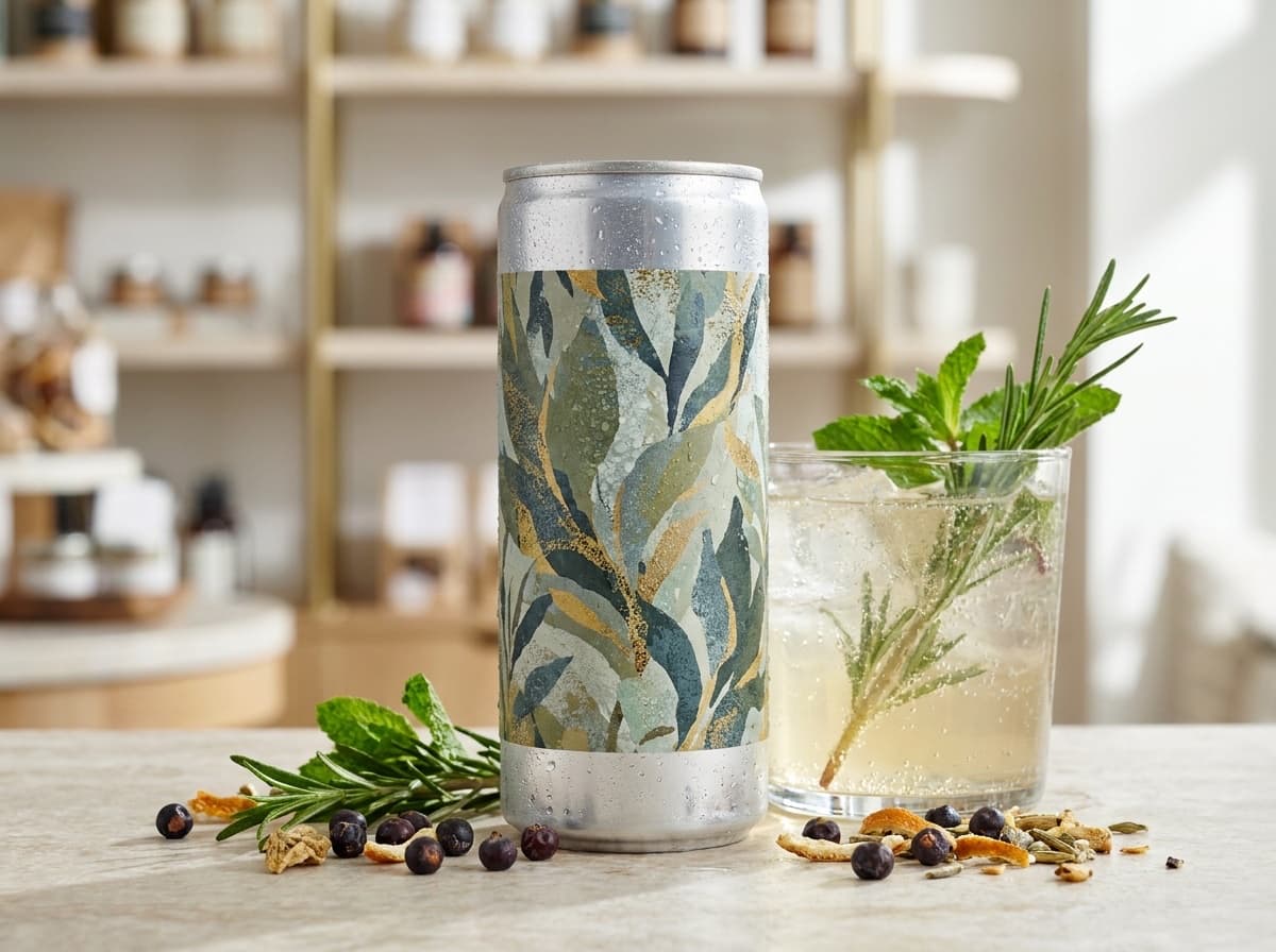Sparkling botanical drink packaging mockup example for Nano Banana Pro