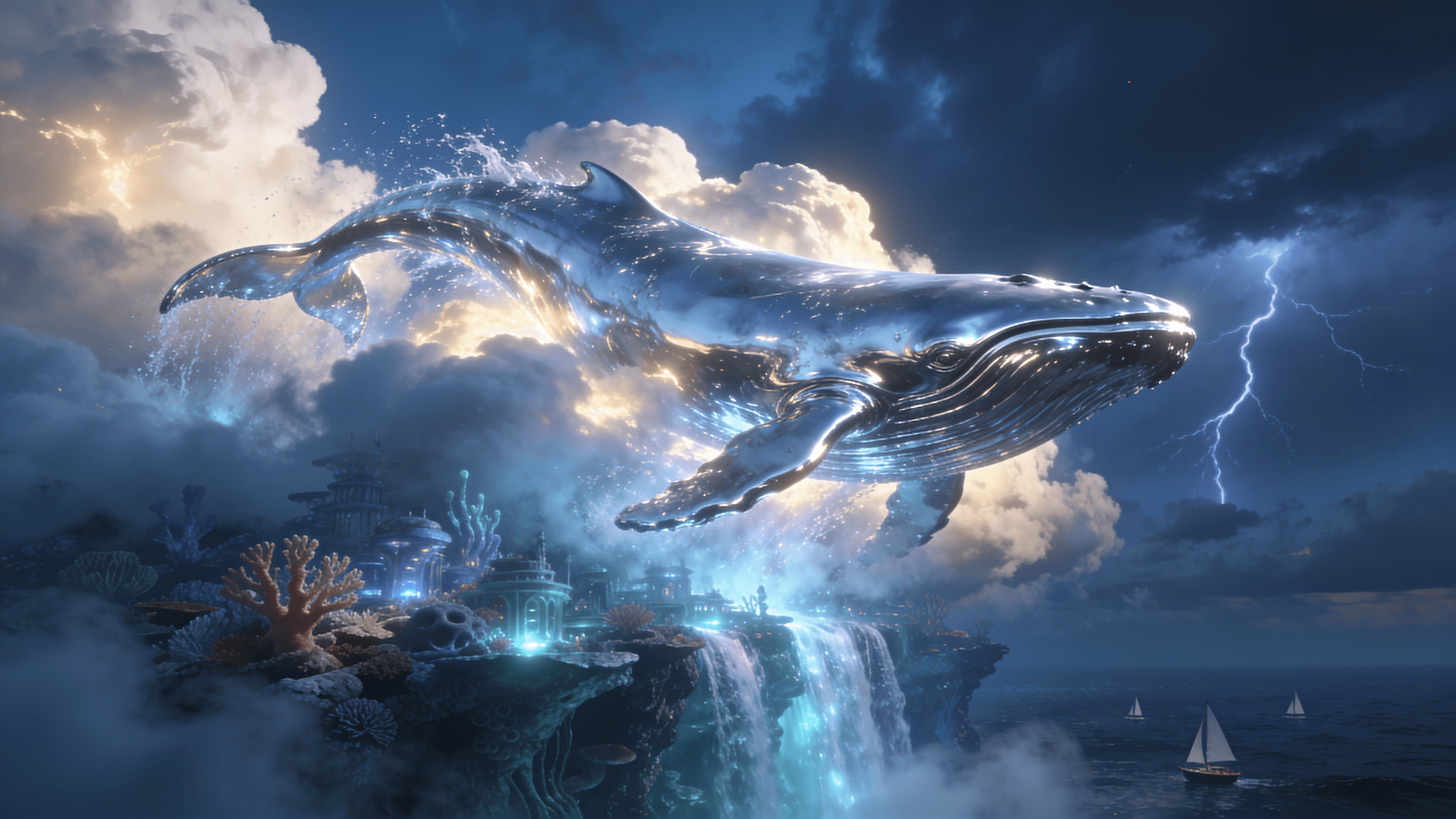 Chrome whale above a futuristic coral city generated with Seedream 4.5