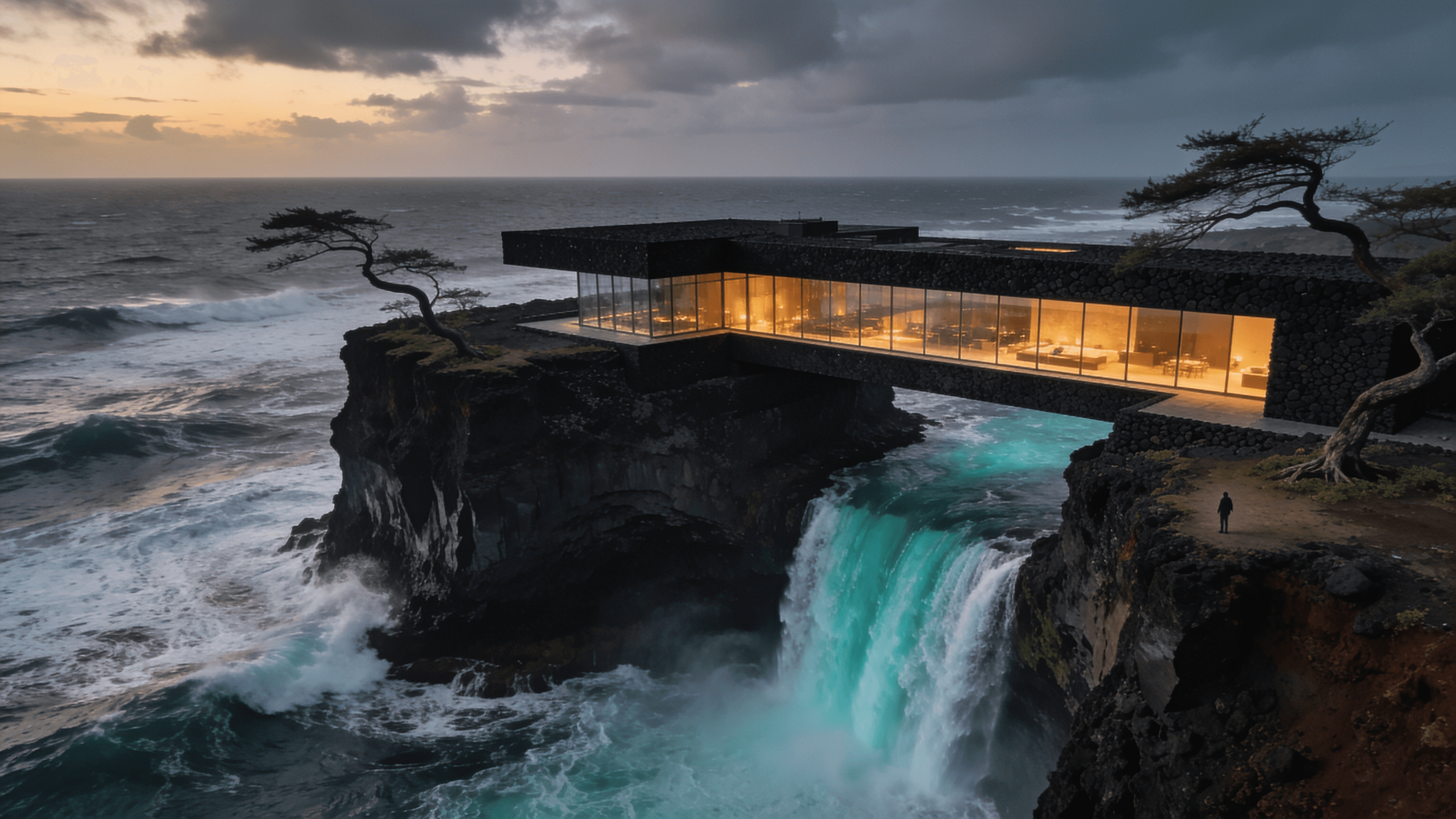 Brutalist cliff residence above an ocean waterfall generated with Seedream 4.5